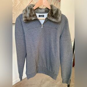 ZARA Man Gray Zip-Up Sweater with Faux Fur Collar